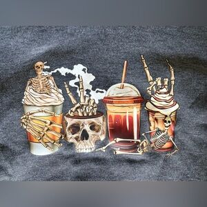 Gray Fall Coffee Latte Skeleton Sweatshirt Spooky Halloween Graphic Adult M